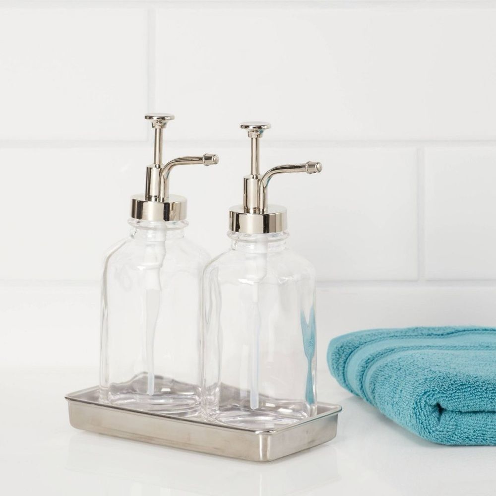 Two Elegant Clear Glass Oilcan Soap & Lotion Dispenser Set w/Chrome Accents